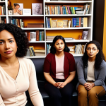**

A warm, inviting therapist's office. Soft lighting highlights a diverse group of people (representing different ethnicities and ages) engaged in a group therapy session. The therapist is listening attentively, with a gentle and empathetic expression. Bookshelves in the background display titles related to psychology, diversity, and ethics. The overall mood is safe, supportive, and culturally sensitive.

**