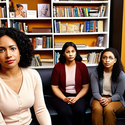Home 18 **
A warm, inviting therapist's office. Soft lighting highlights a diverse group of people (representing different ethnicities and ages) engaged in a group therapy session. The therapist is listening attentively, with a gentle and empathetic expression. Bookshelves in the background display titles related to psychology, diversity, and ethics. The overall mood is safe, supportive, and culturally sensitive.
**