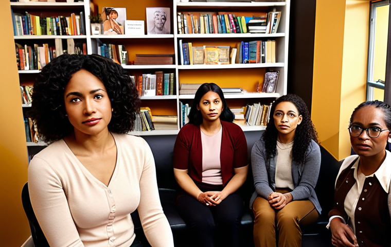 **

A warm, inviting therapist's office. Soft lighting highlights a diverse group of people (representing different ethnicities and ages) engaged in a group therapy session. The therapist is listening attentively, with a gentle and empathetic expression. Bookshelves in the background display titles related to psychology, diversity, and ethics. The overall mood is safe, supportive, and culturally sensitive.

**
