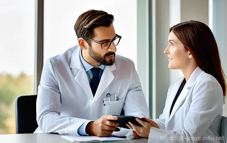 임상심리사와 정신건강의학과 협업 사례 - **Prompt:** "Two mental health professionals, a male psychiatrist in a crisp white lab coat and a fe...