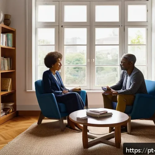 Home 13 임상심리사 필수 서적 추천 - A warm, inviting clinical therapy room with soft natural light filtering through large windows, feat...