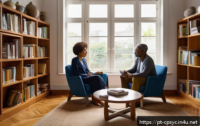 임상심리사 필수 서적 추천 - A warm, inviting clinical therapy room with soft natural light filtering through large windows, feat...